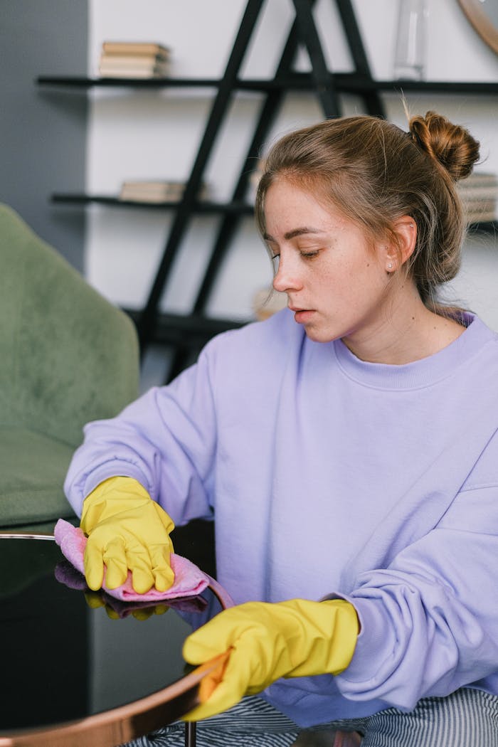 Young woman in yellow gloves wiping a table indoors, focusing on cleanliness and hygiene.